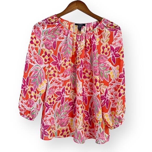 Ralph Lauren CHAPS Womens Blouse Top XS Sheer Chiffon Orange Pink Floral Popover - Picture 1 of 8